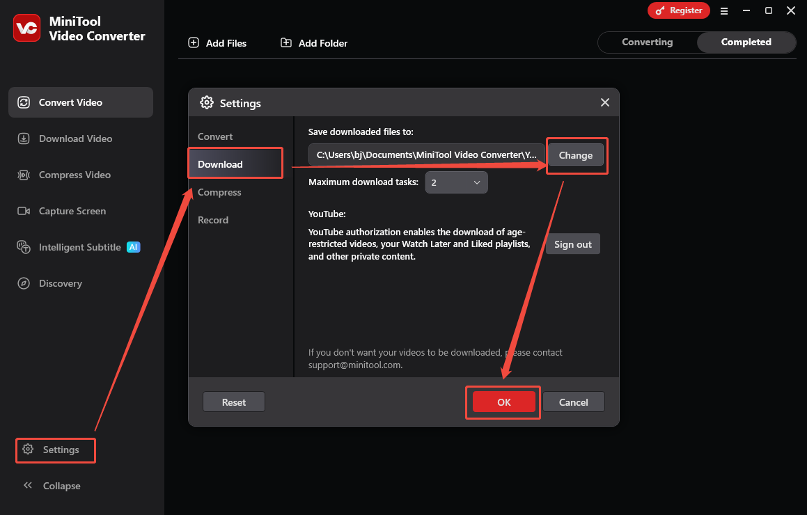 MiniTool Video Converter interface that shows how to set an output folder for the saved YouTube videos.