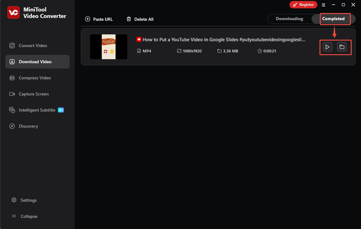 MiniTool Video Converter interface with the Play and Folder icons selected to view or locate the downloaded video.