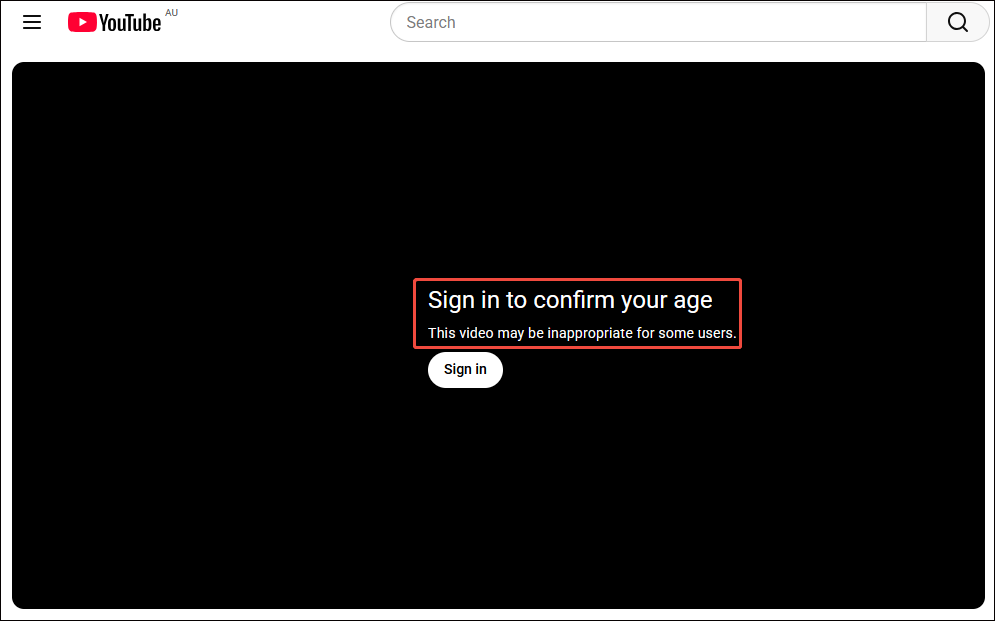 The YouTube video playback interface with the login requirement for age confirmation prompts shown.