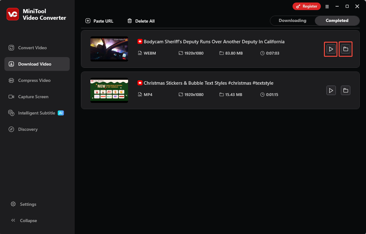 MiniTool Video Converter interface with the play icon and folder icon selected under the Completed section.