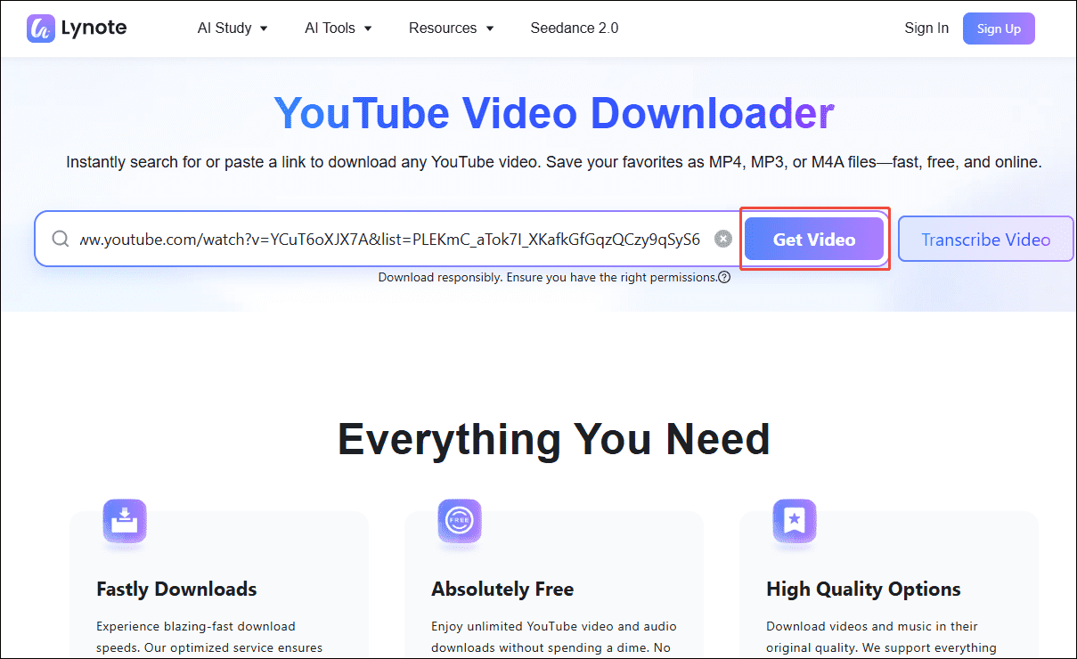 Lynote.ai interface with the Get Video option selected.