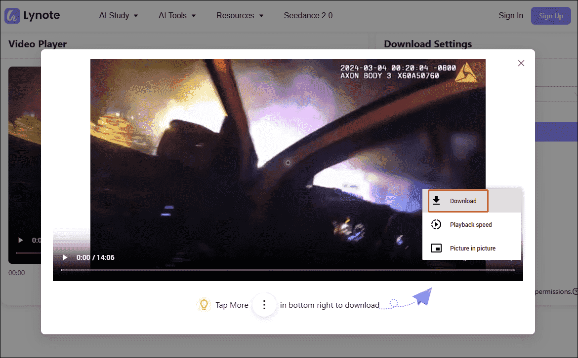 Lynote.ai interface with the Download option selected.