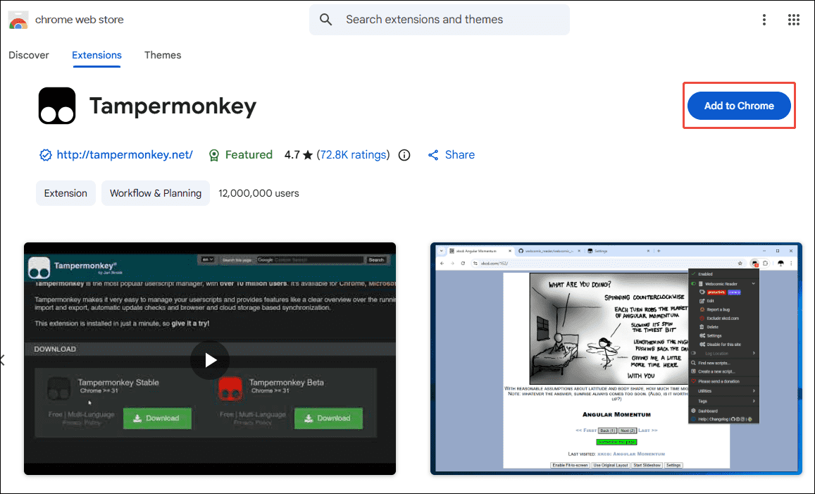 Chrome Web Store Tampermonkey interface with the Add to Chrome button selected.