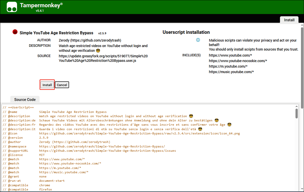 The Temparmonkey script download page with the Install button selected.
