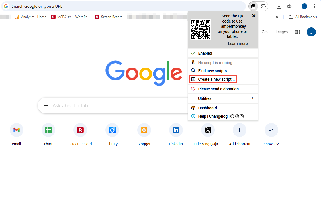 Google Chrome interface with the Create a new script option selected within the Tampermonkey extension pop-up.