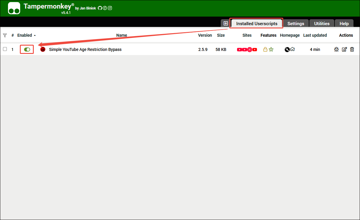 Tampermonkey interface with the Simple Age YouTube Restriction Bypass script enabled.