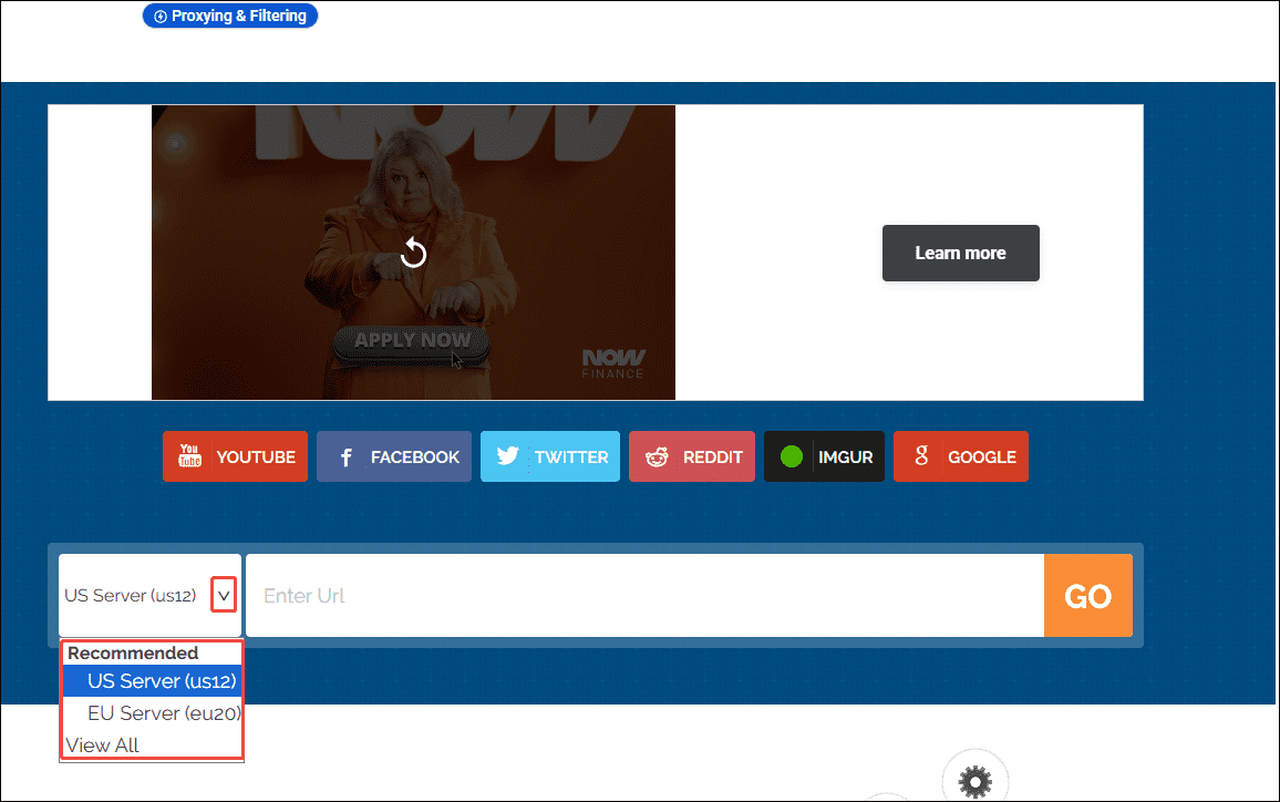 ProxySite.com interface with the server selection option expanded.