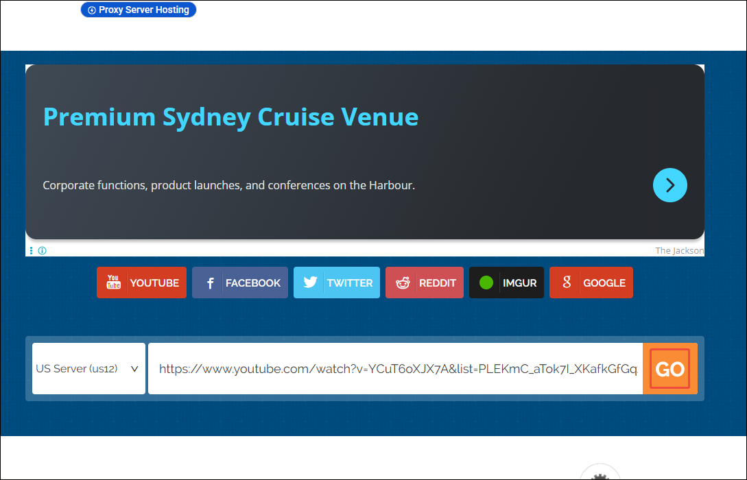ProxySite.com interface with the Go option selected.