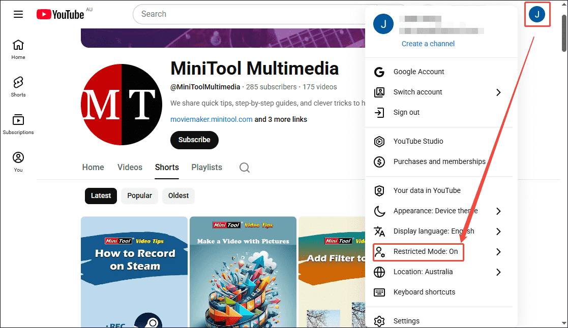 YouTube interface showing how to locate the Restricted Mode setting