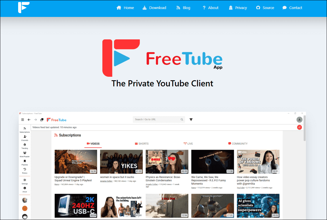 The website interface of FreeTube.