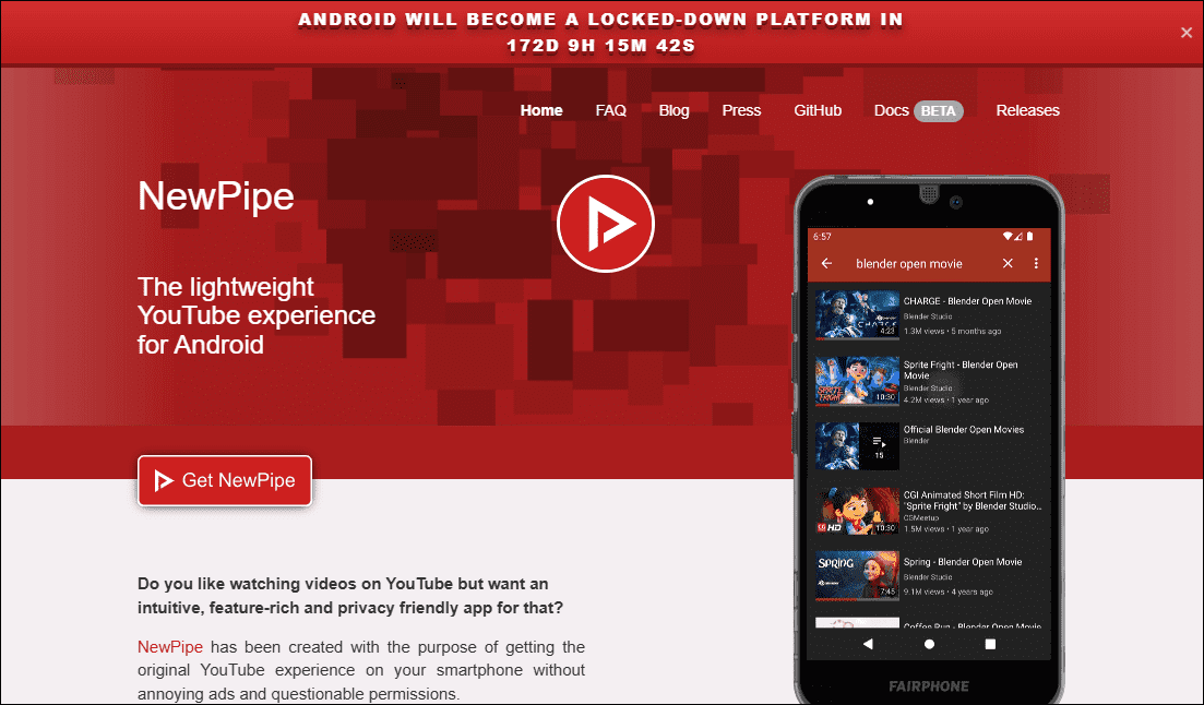 The website interface of NewPipe.