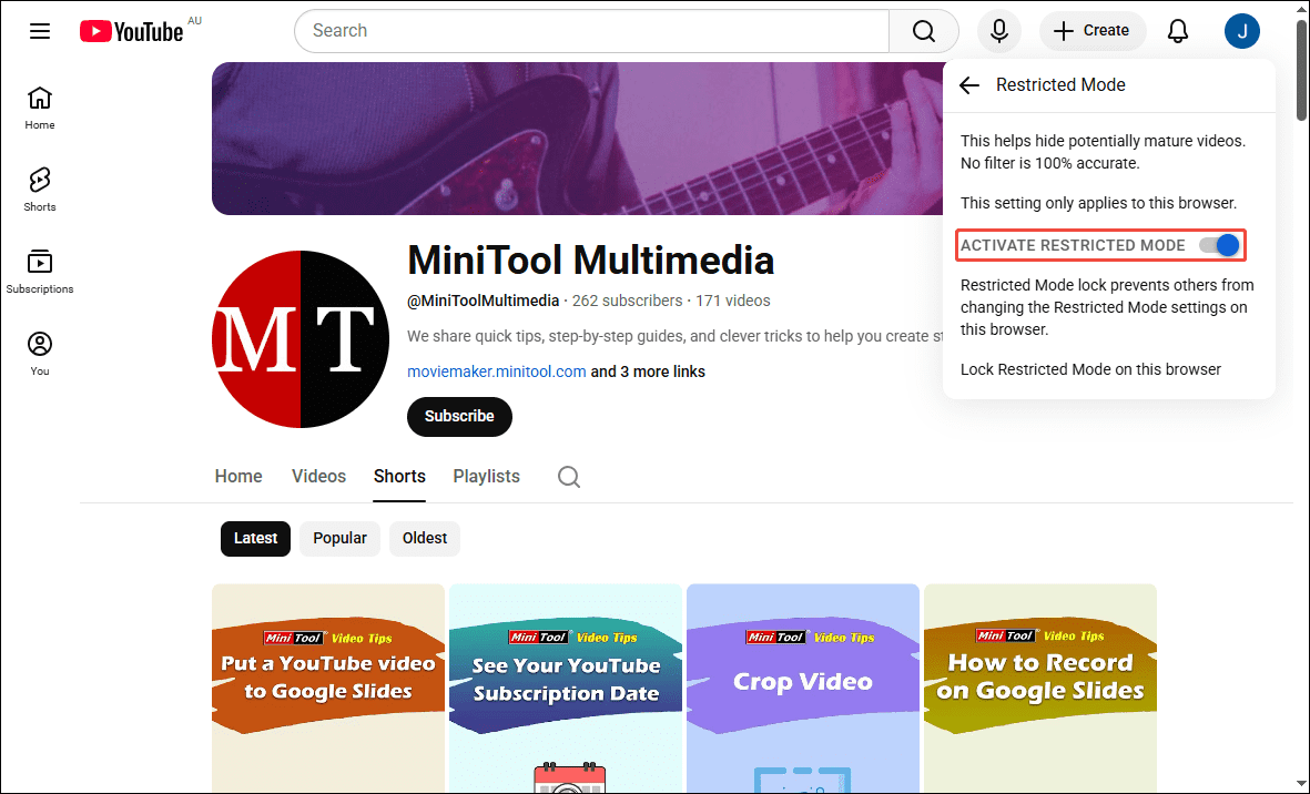 YouTube interface with the ACTIVATE MODE RESTRICTED MODE option selected.