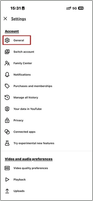 The settings interface of YouTube with the General option selected.