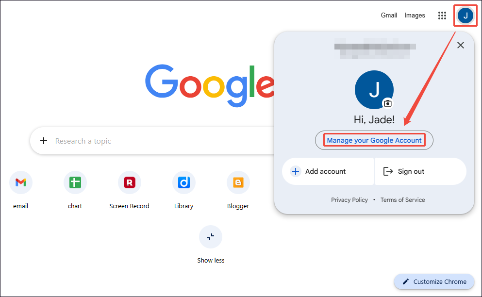 Google interface showing how to access the Google account management interface.