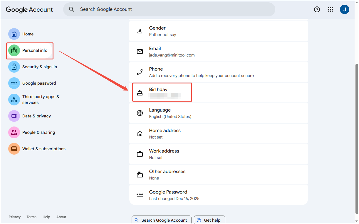 Google Account management interface showing how to check the date of birth.