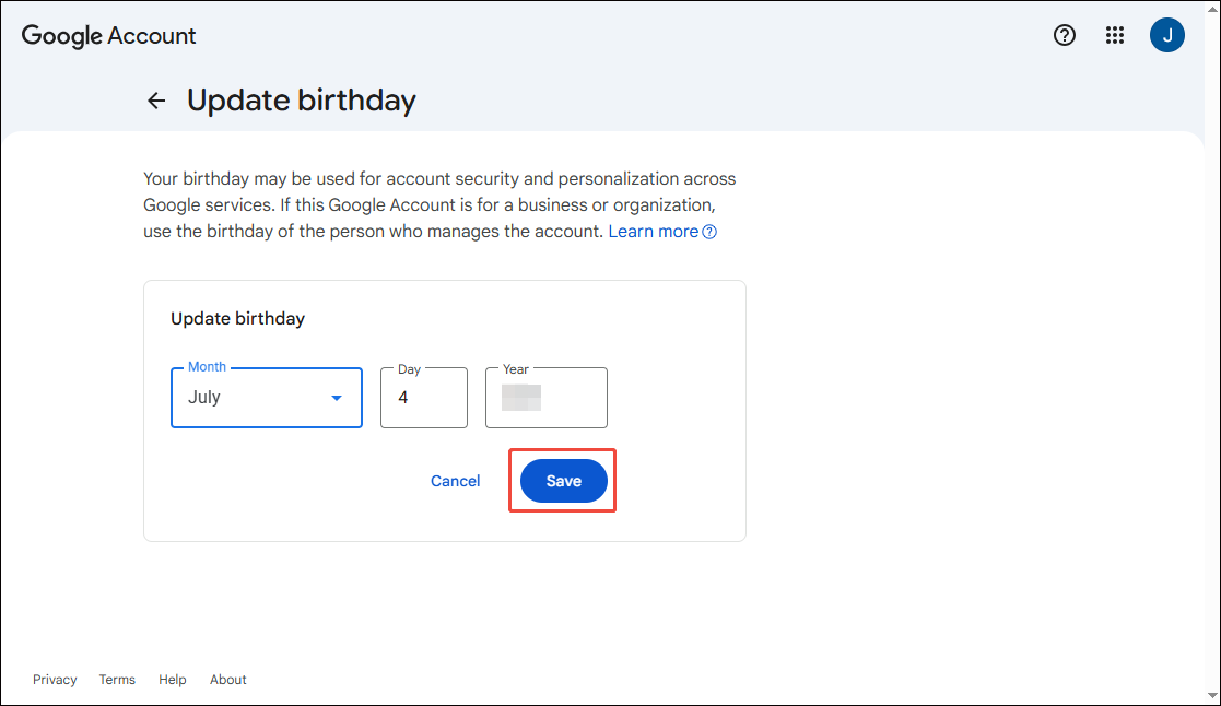 The Update birthday interface of Google with the Save button selected.
