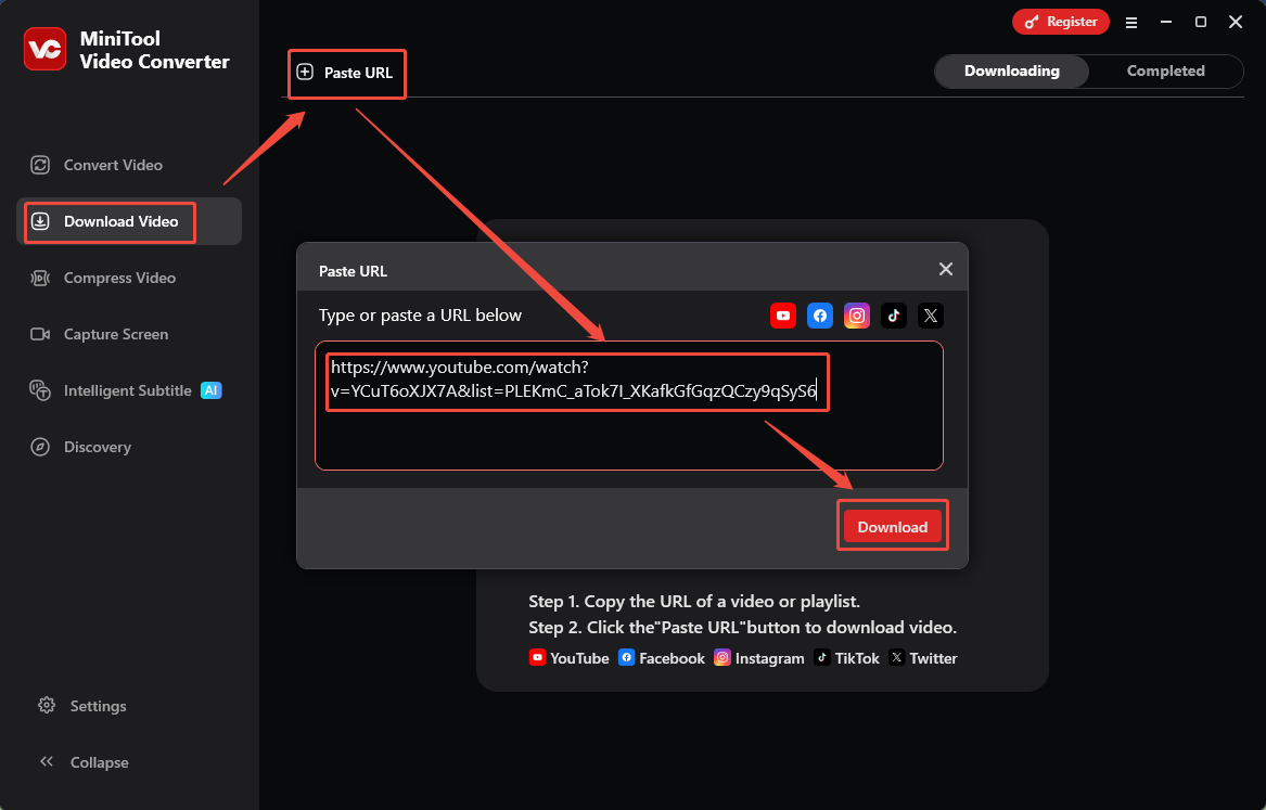 MiniTool Video Converter interface showing how to analyze the YouTube video URL under the Download Video section.