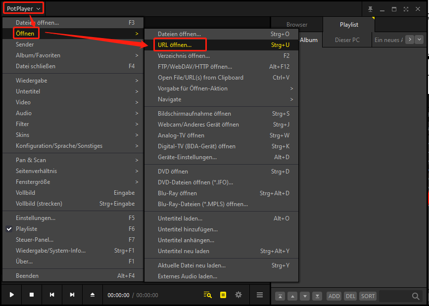 Aktivieren der URL-Einfügefunktion im PotPlayer über die Menüoptionen PotPlayer, Öffnen und URL öffnen.