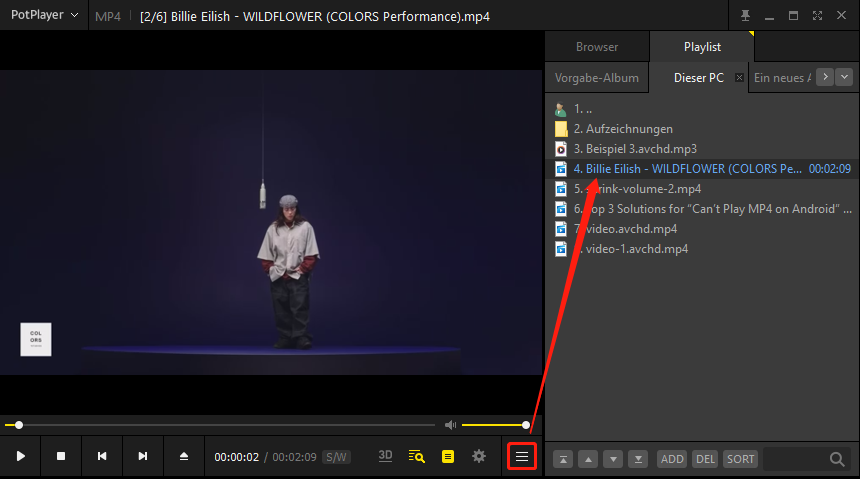 Klicken auf Open Live list/Chat room/Playlist und anschließendes Klicken auf das heruntergeladene Video zur Wiedergabe im PotPlayer.