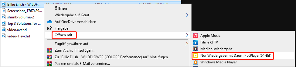 Rechtsklicken auf das heruntergeladene Video, Auswählen von Open with und anschließend von PotPlayer zur Wiedergabe im PotPlayer.