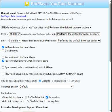 Anpassen ausgewählter Einstellungen des PotPlayer YouTube Shortcut.