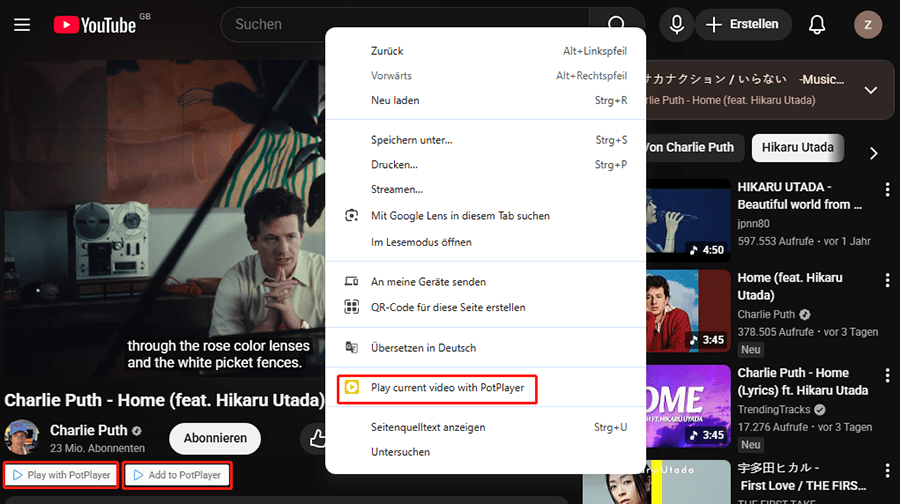 Klicken auf Play with PotPlayer oder Rechtsklicken auf der YouTube-Seite und anschließendes Auswählen von Play current video with PotPlayer zur Wiedergabe des YouTube-Videos im PotPlayer.