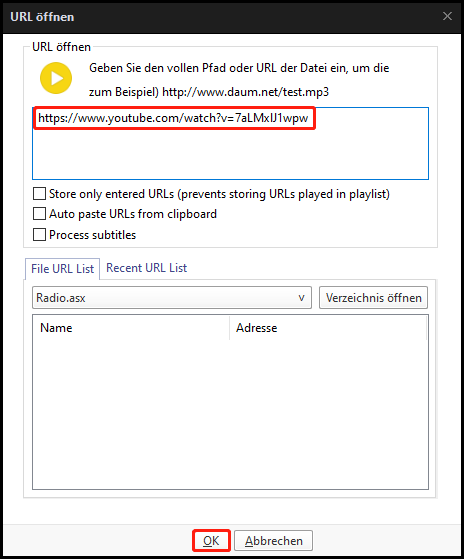 Einfügen des YouTube-Links in das Feld und Bestätigen mit OK im PotPlayer.