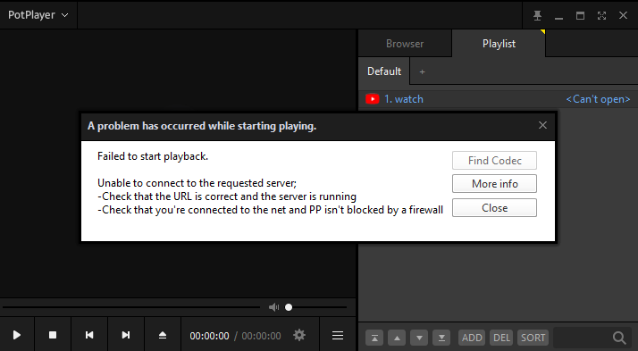 Fehlgeschlagene Wiedergabe von YouTube-Videos im PotPlayer aufgrund eines aufgetretenen Problems.