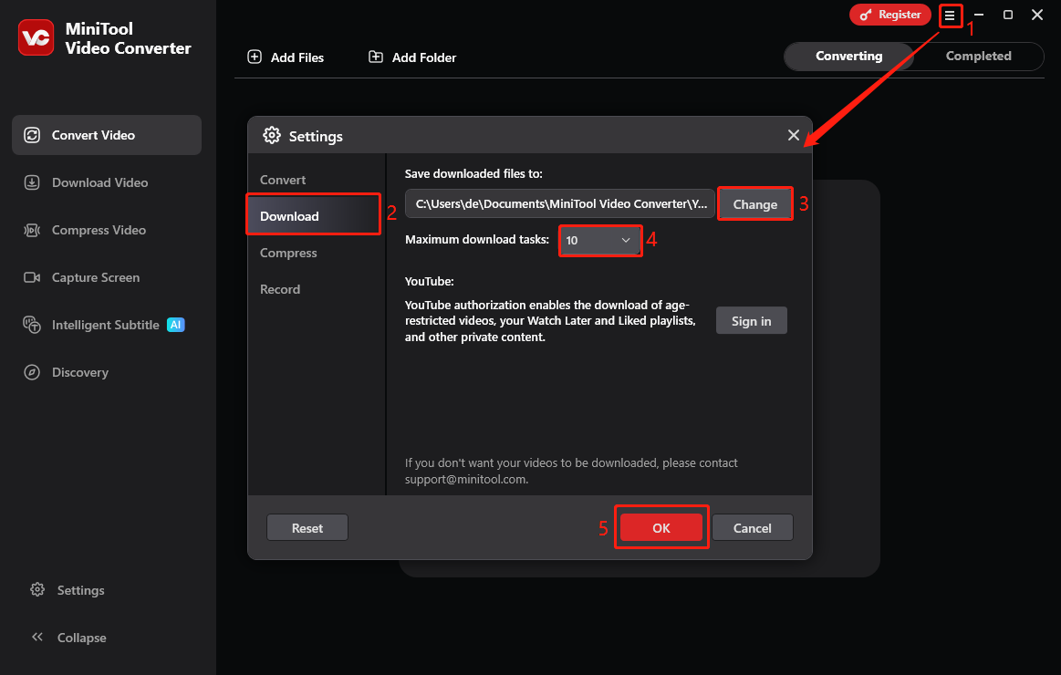 Festlegen der maximalen Anzahl gleichzeitiger Downloads und des Speicherorts im MiniTool Video Converter.
