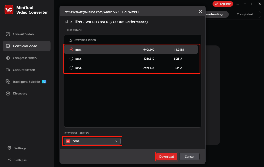 Auswählen eines Ausgabeformats und anschließend Klicken auf Herunterladen zum Starten des Video-Downloads im MiniTool Video Converter.