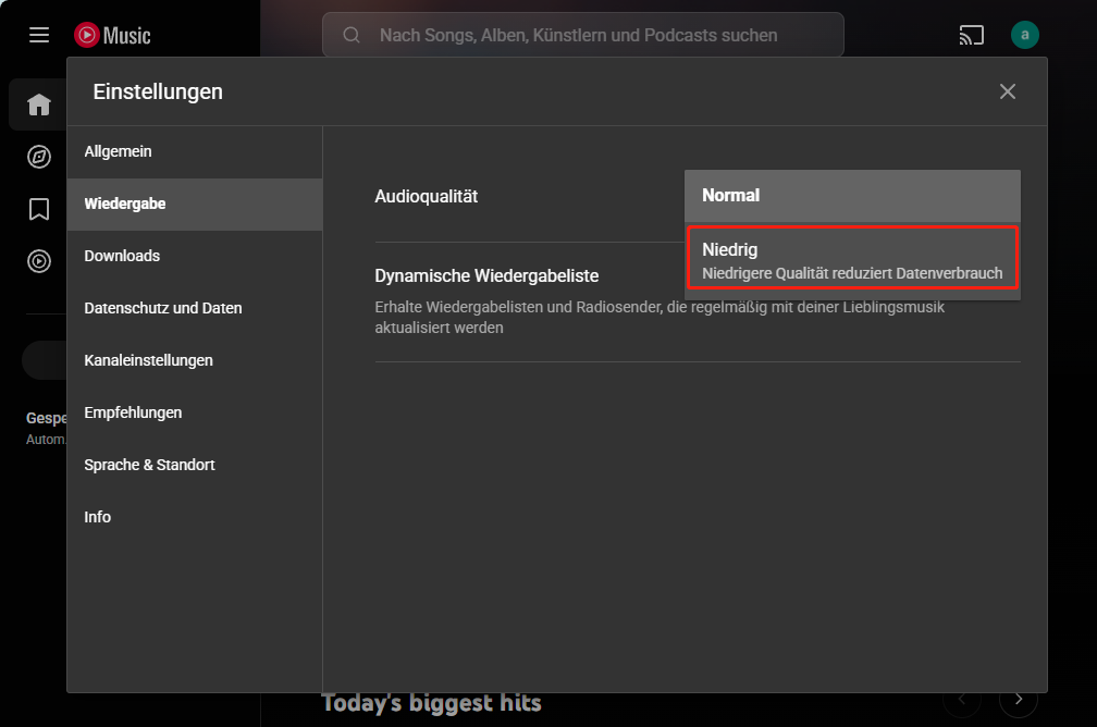 Die Audioqualität auf Niedrig wählen.