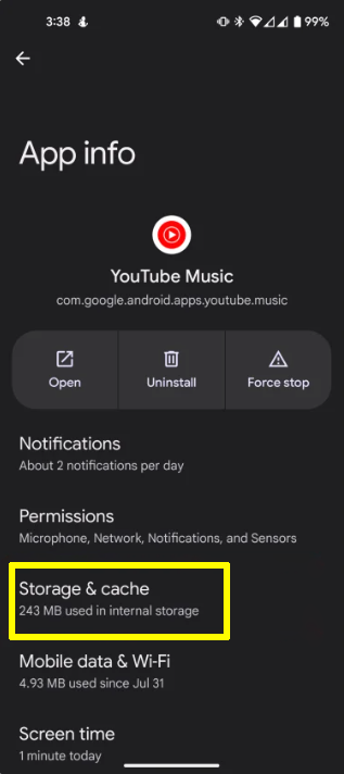 Auf Speicher und Cache klicken.