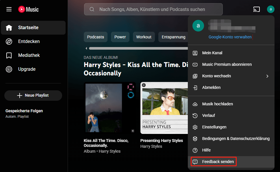 Auf der YouTube Music-Webseite Feedback senden klicken.
