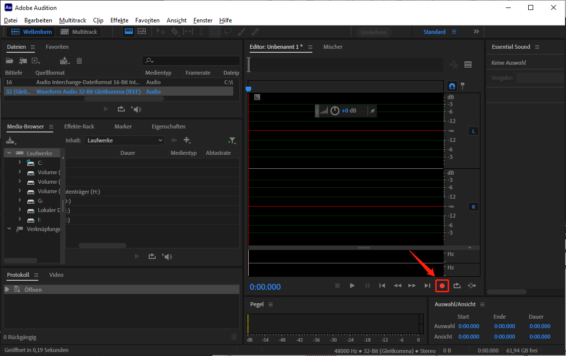 Klicken Sie auf die Aufnahmetaste in Adobe Audition, um die Aufnahme zu starten.
