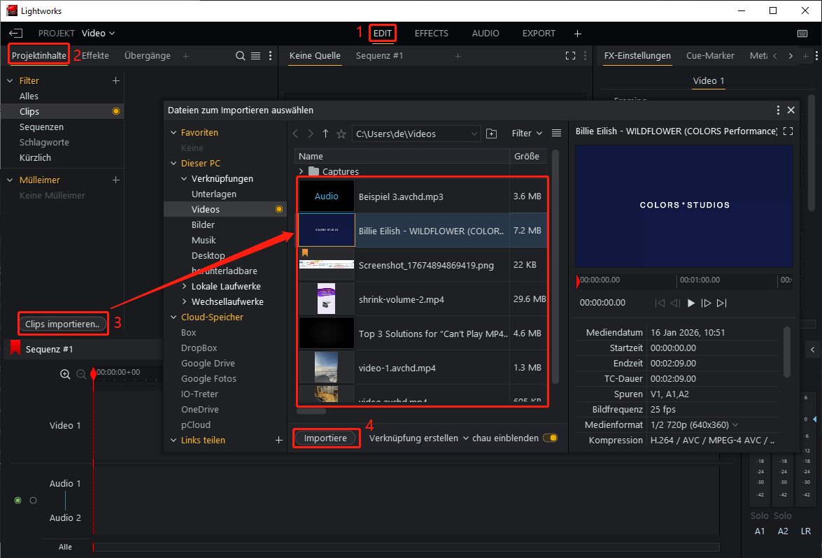 Auswählen der Registerkarte EDIT, anschließendes Auswählen von Projektinhalte, Klicken auf die Schaltfläche Clips importieren, Auswählen einer Audiodatei und Klicken auf Importieren.