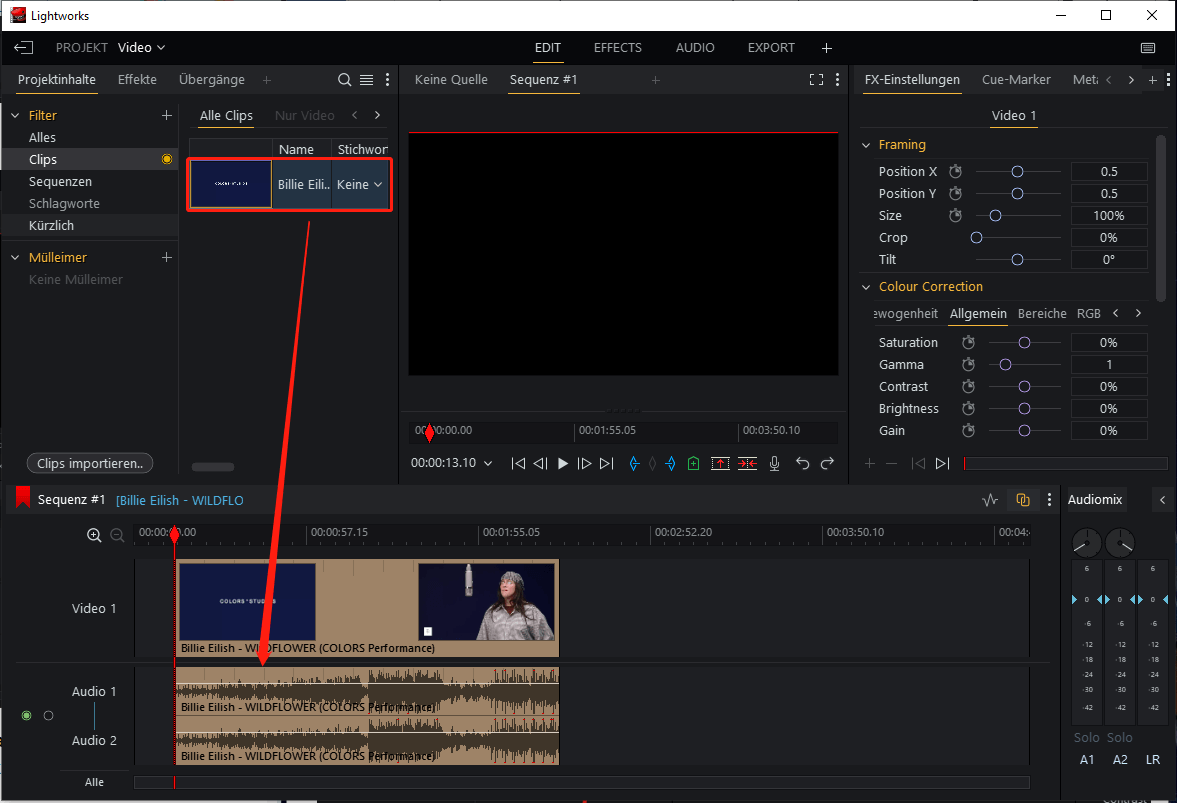 Ziehen und Ablegen der Videodatei die Audiospur.