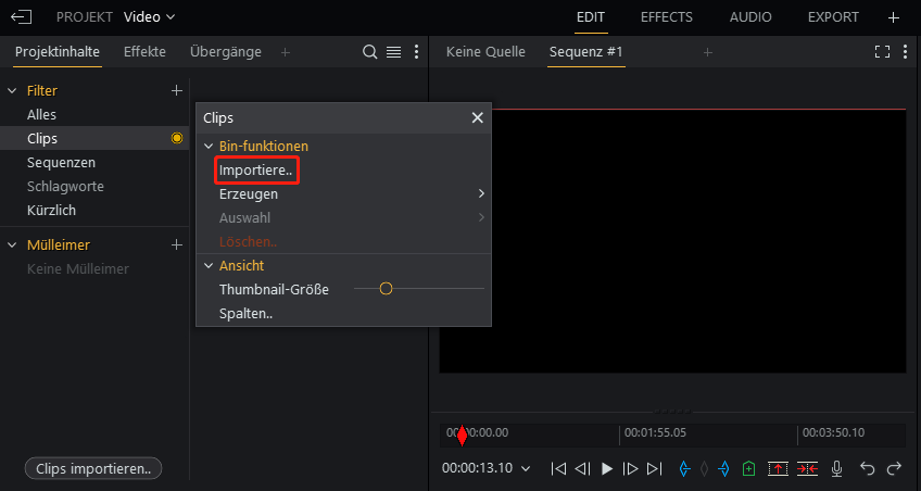 Unter der Registerkarte Projektinhalte Rechtsklicken in einen leeren Bereich und anschließendes Auswählen der Option Importieren.