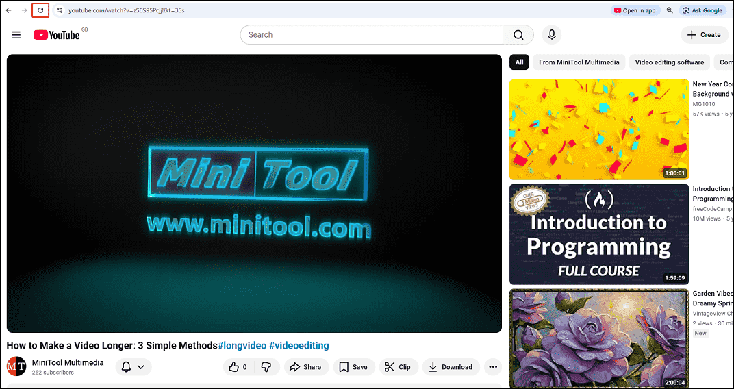 YouTube website interface with the Refresh icon selected on the upper left of the page.