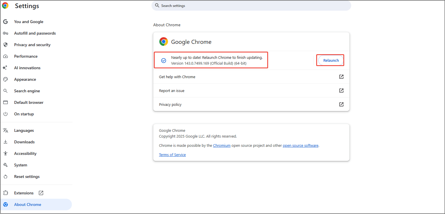 Google Chrome Settings interface that shows how to update and restart Chrome.
