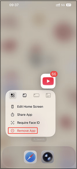 The iPhone homepage with the Remove App option selected for the YouTube app.