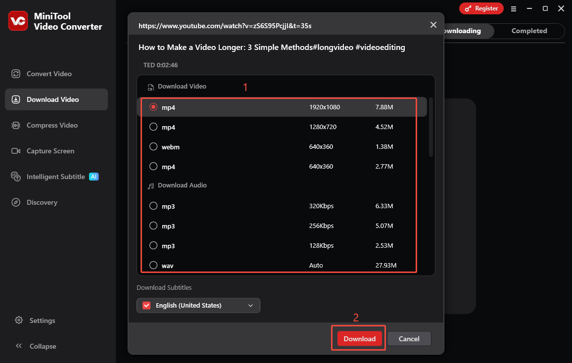 MiniTool Video Converter interface showing how to download the YouTube video.