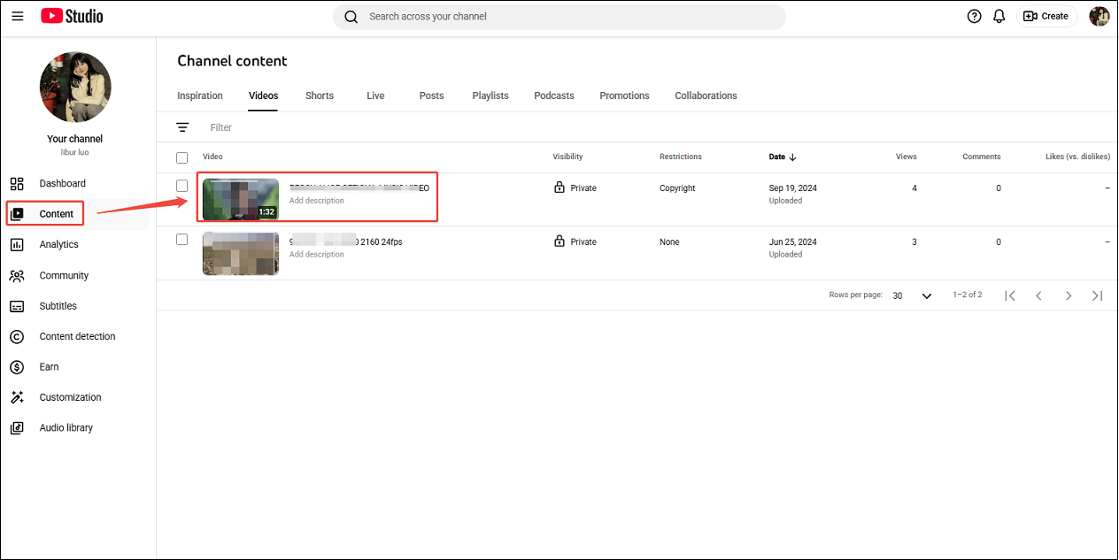 YouTube Studio interface showing how to open the video you want to embed.