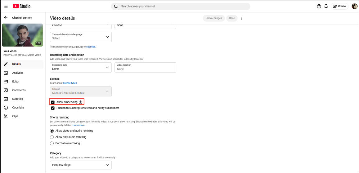 YouTube Studio interface with the Allowing embedding option checked and selected under License.
