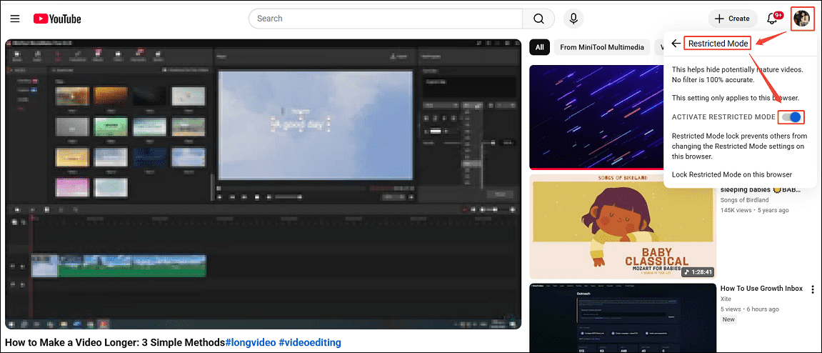 YouTube interface that shows how to turn off restricted mode.