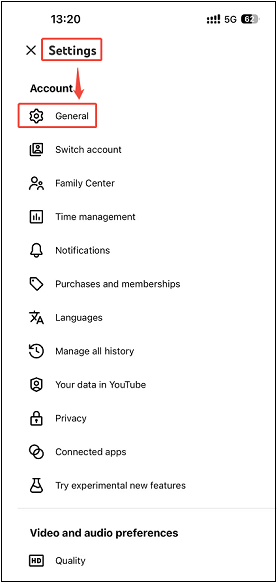 YouTube app Settings interface showing how to open the General window on a phone.