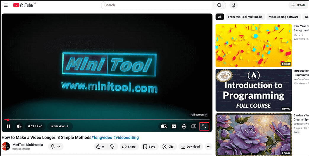 YouTube video playback interface with the full screen icon selected.