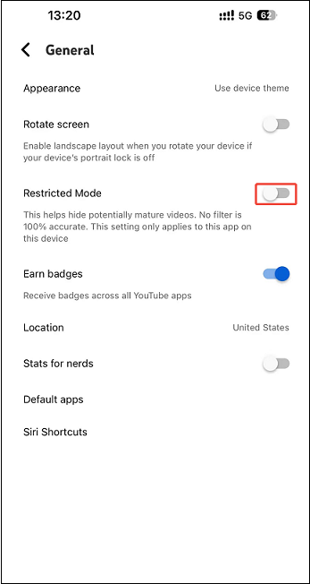 YouTube app General interface showing how to toggle off Restricted mode on a phone.