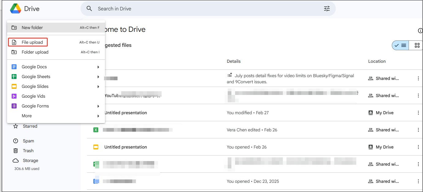 Google Drive interface with the File upload option selected.
