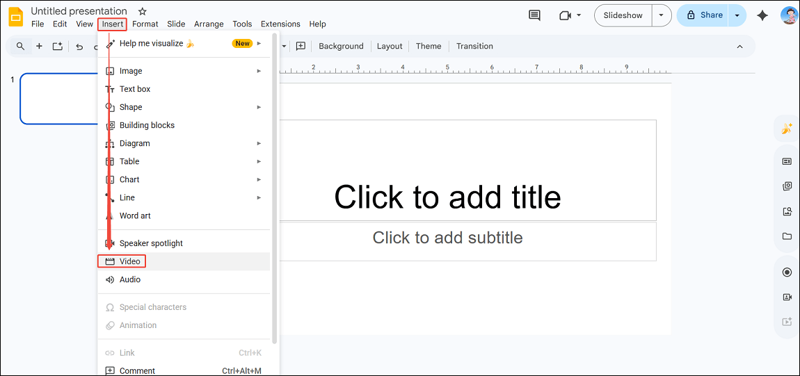 Google Slides interface showing how to insert a video.