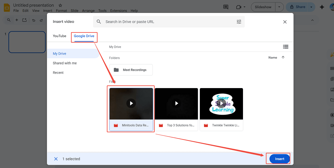 Google Slides interface showing how to embed a YouTube video from Google Drive.